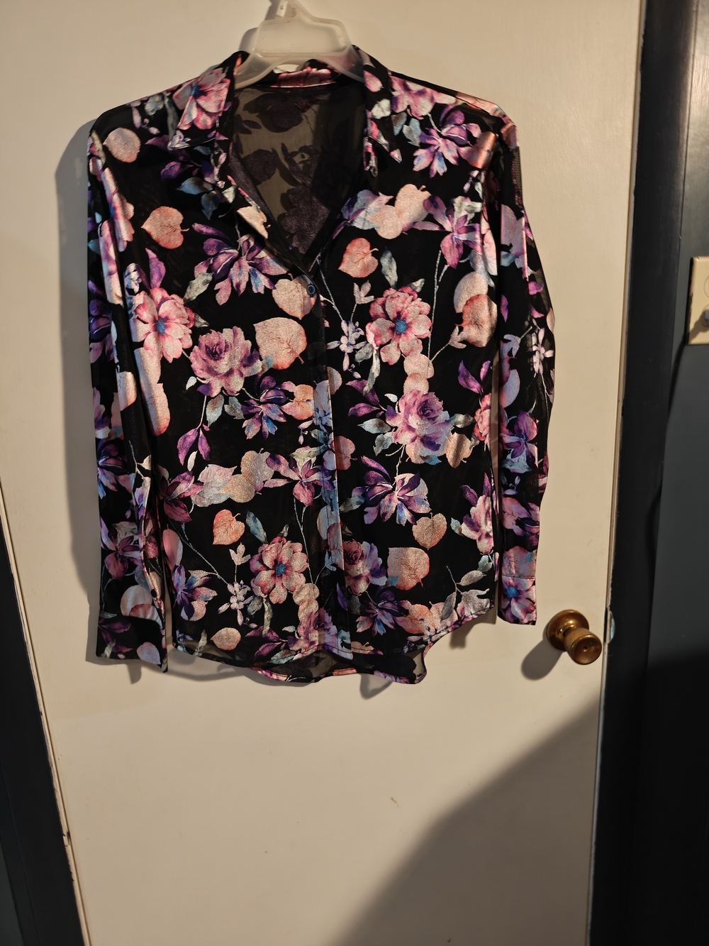 Floral Sheer Button-Up Blouse - Black with Pink & Purple Flowers